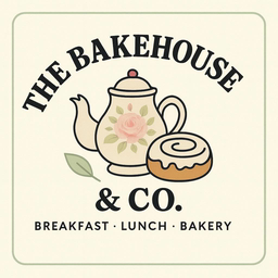 The Bakehouse & Co. logo: a rose teapot and a frosted cinnamon roll with the words Breakfast, Lunch, Bakery